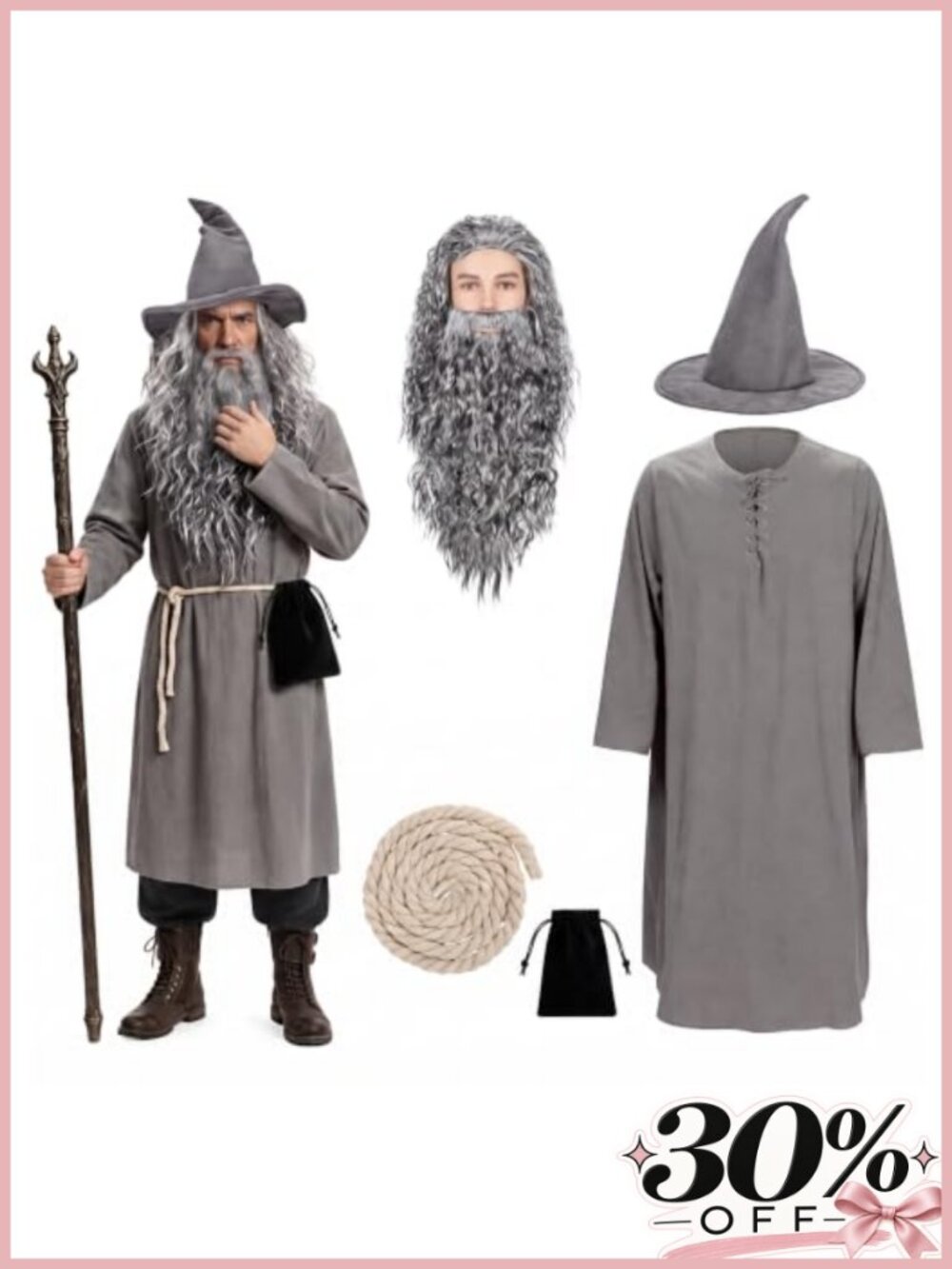 Men's Wizard Costume 8-Piece Medieval Sorcerer Cosplay Robe XL